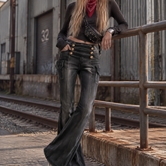 Women's Leather Pants | Flare Leg High Waist Cargo Studs