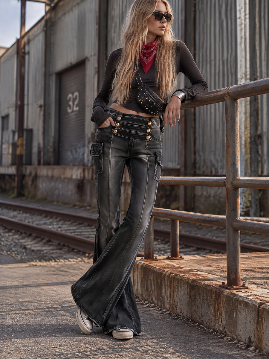 Women's Leather Pants | Flare Leg High Waist Cargo Studs