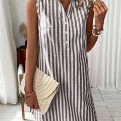 Women's Shirt Dress | V-Neck Sleeveless Mini Striped Button-Front