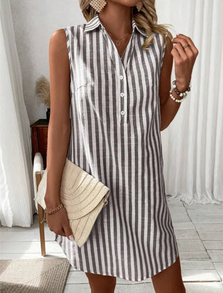 Women's Shirt Dress | V-Neck Sleeveless Mini Striped Button-Front