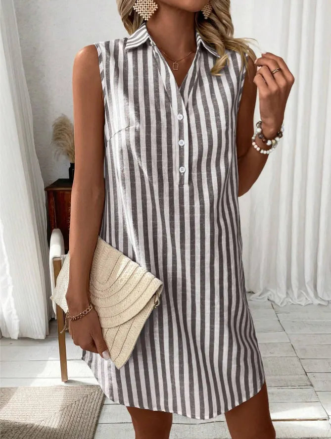 Women's Shirt Dress | V-Neck Sleeveless Mini Striped Button-Front