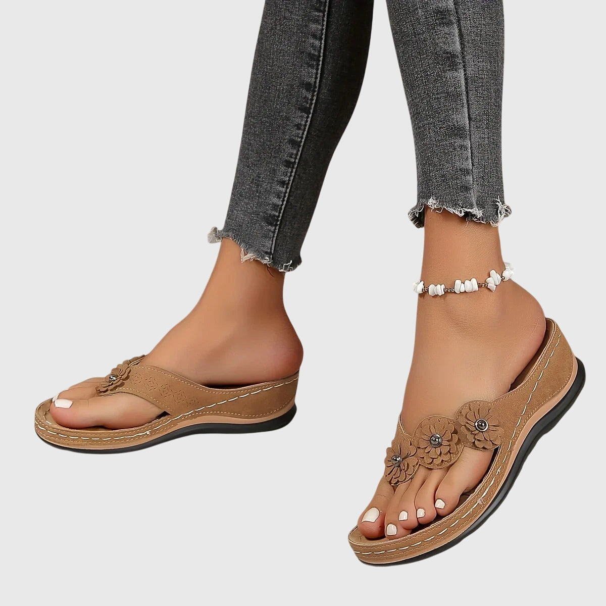 Women's Flip Flop | Open Toe Flower Embellished Wedge