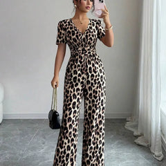 Women's Jumpsuit | Wrap Neckline Wide Leg Leopard Print
