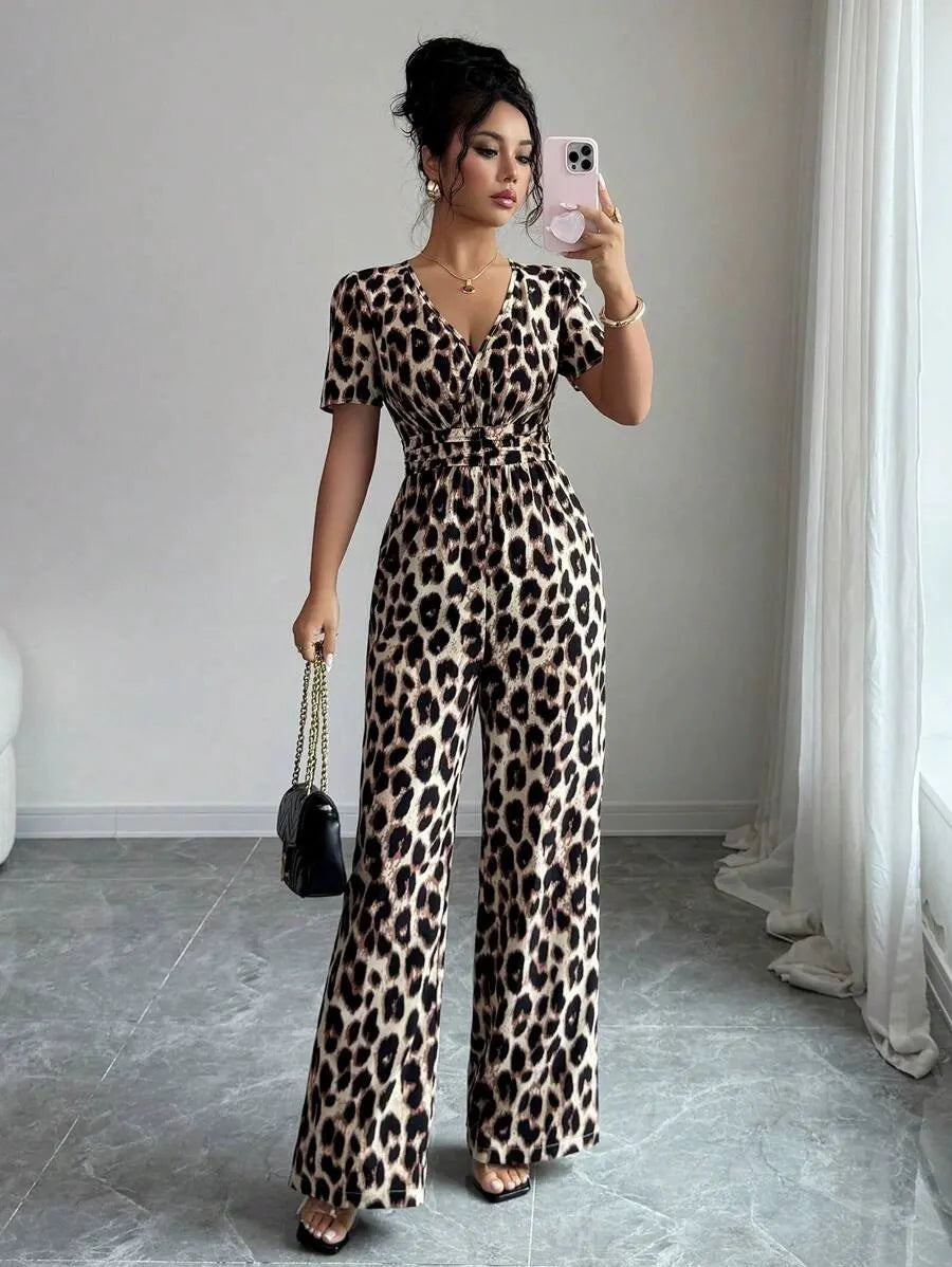 Women's Jumpsuit | Wrap Neckline Wide Leg Leopard Print