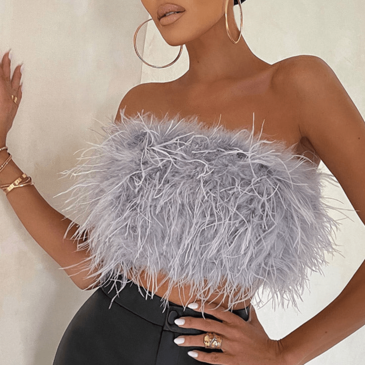 Women's Tube Top | Strapless Feather Cropped Sleeveless
