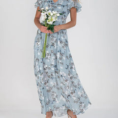 Women's Green Maid Of Honor Dress | Maxi V-Neck Ruffled Sleeve Floral