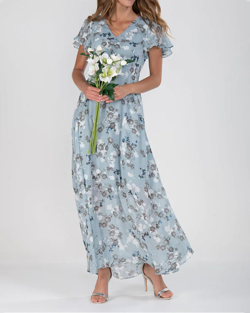 Women's Green Maid Of Honor Dress | Maxi V-Neck Ruffled Sleeve Floral