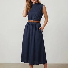 Women's High Neck Dress | Midi Length Sleeveless Pleated Belted