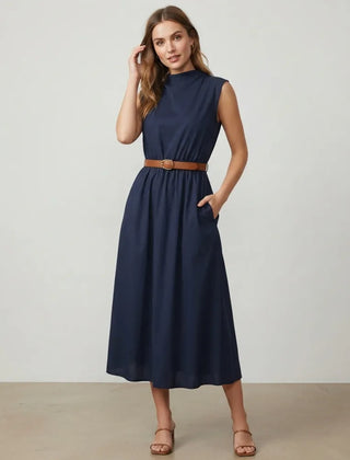 Women's High Neck Dress | Midi Length Sleeveless Pleated Belted