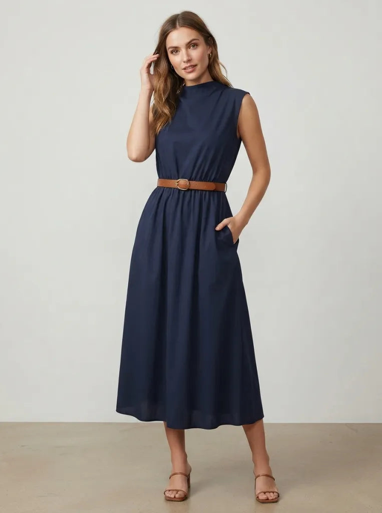 Women's High Neck Dress | Midi Length Sleeveless Pleated Belted