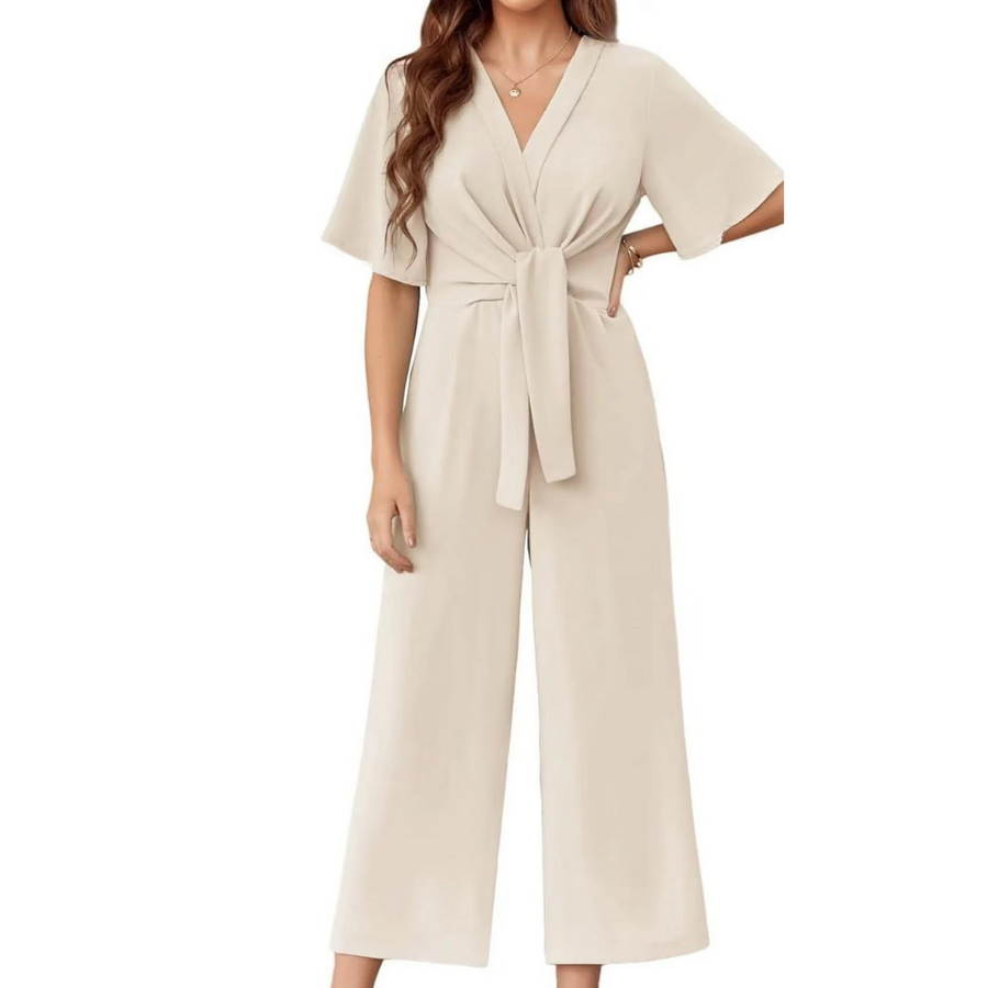 Women's Playsuit | V-Neck Short Sleeve Wide Leg Tie Waist