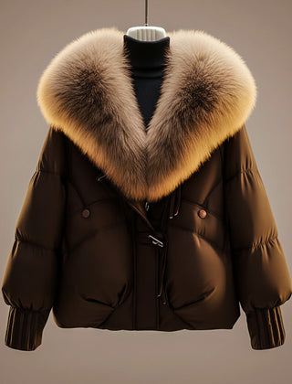 Women's Quilted Coat | Oversized Fur Collar Zip Front Padded