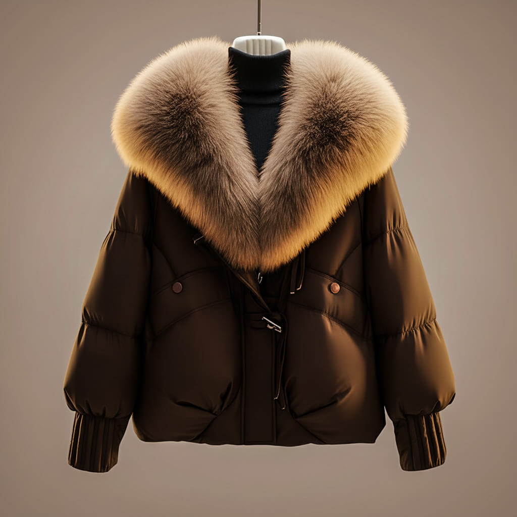 Women's Quilted Coat | Oversized Fur Collar Zip Front Padded