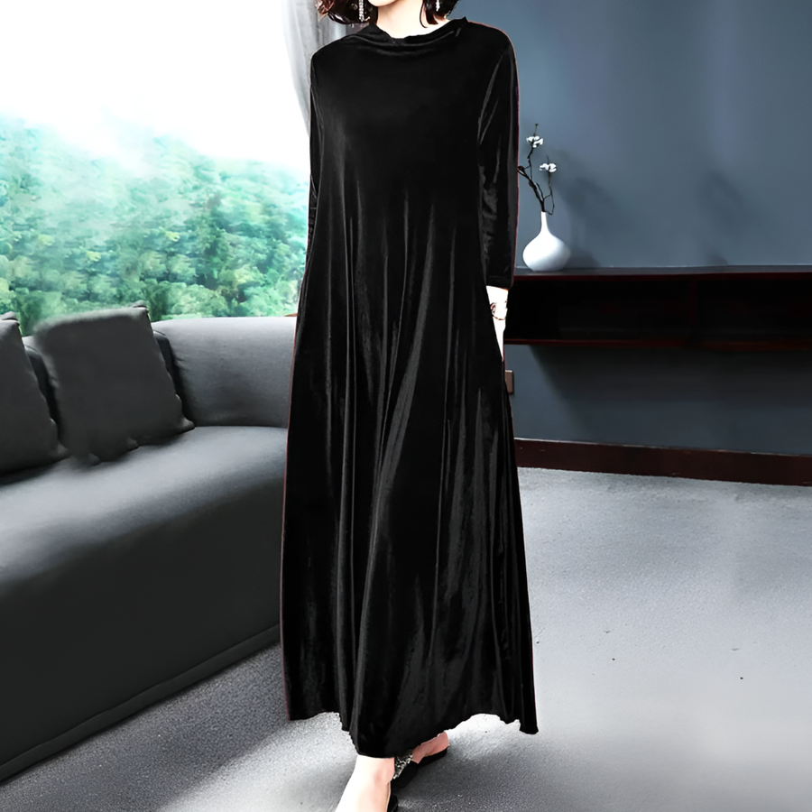Women's Red Midi Sundress | Maxi Velvet Round Neck Long Sleeve