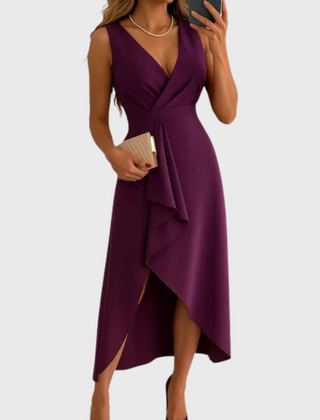 Women's Wedding Guest Dress | Midi Asymmetric Wrap V-Neck Sleeveless
