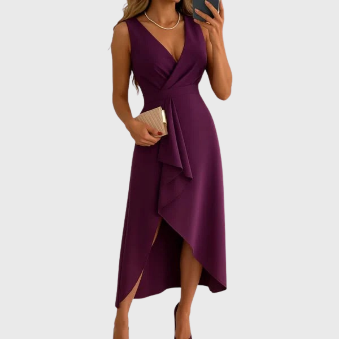Women's Wedding Guest Cocktail Dress | Midi Asymmetric Wrap V-Neck Sleeveless