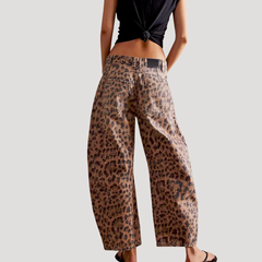 Women's Barrel Jeans | Leopard Print Mid Rise Cropped Denim