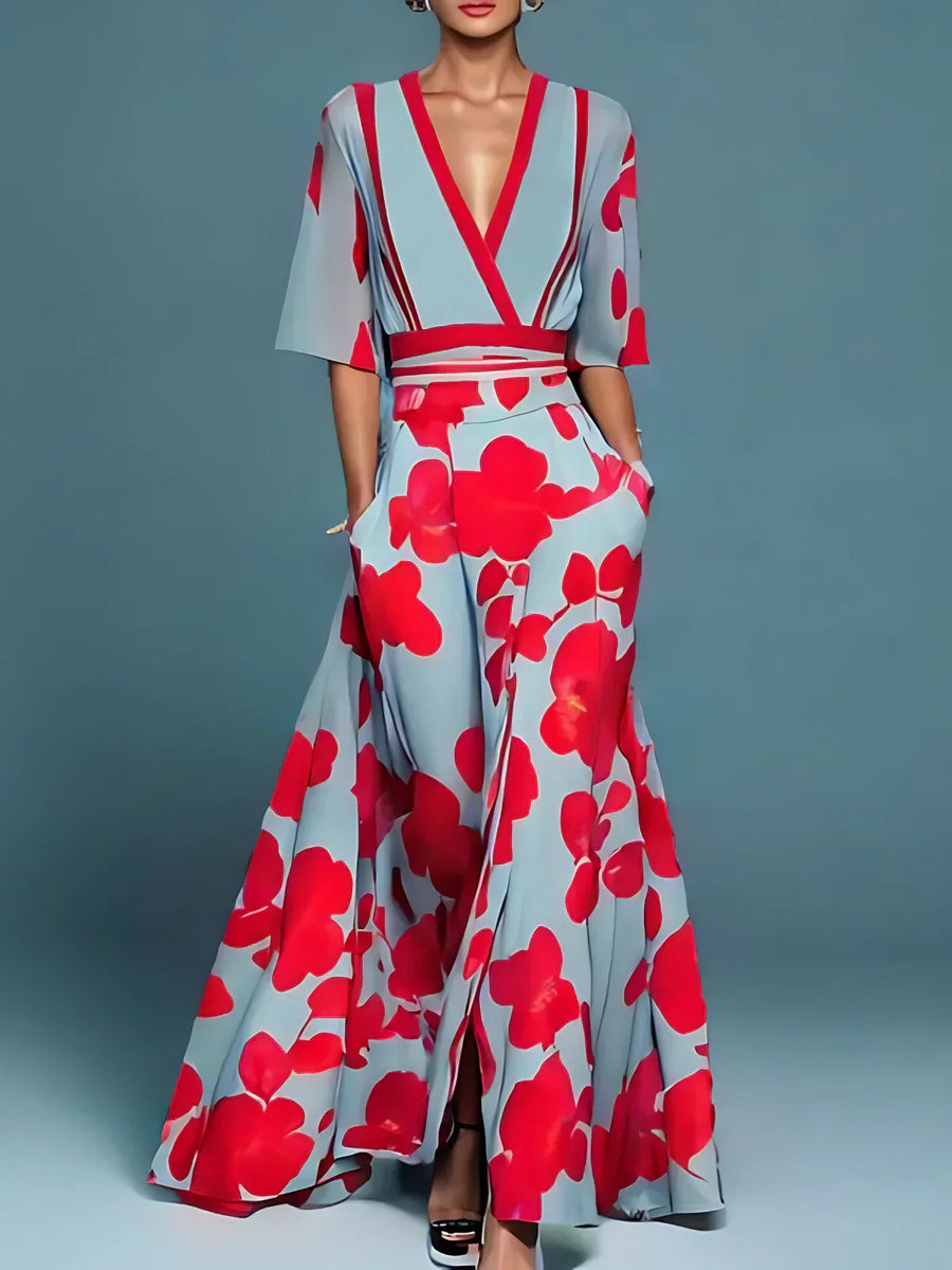 Women's Formal Dress | V-Neck Wraparound Floral Maxi