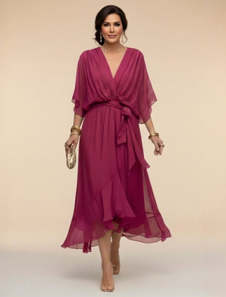 Women's Cocktail Dress | Midi V-Neck Chiffon Wrap