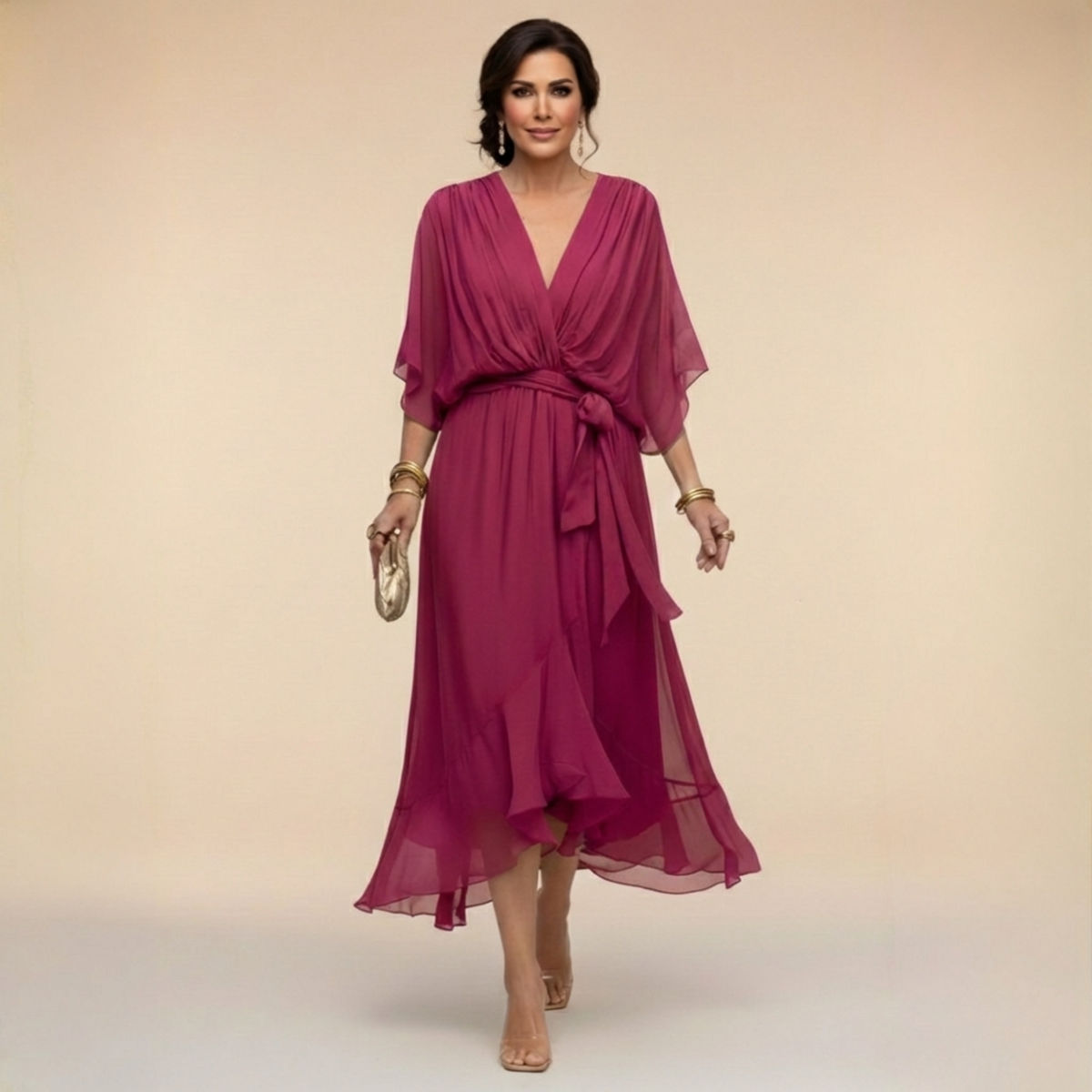 Women's Cocktail Dress | Midi V-Neck Chiffon Wrap