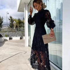 Women's Long Sleeve Wedding Guest Dress | Midi Lace High Neck Puff Sleeve