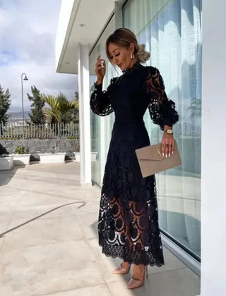 Women's Long Sleeve Wedding Guest Dress | Midi Lace High Neck Puff Sleeve