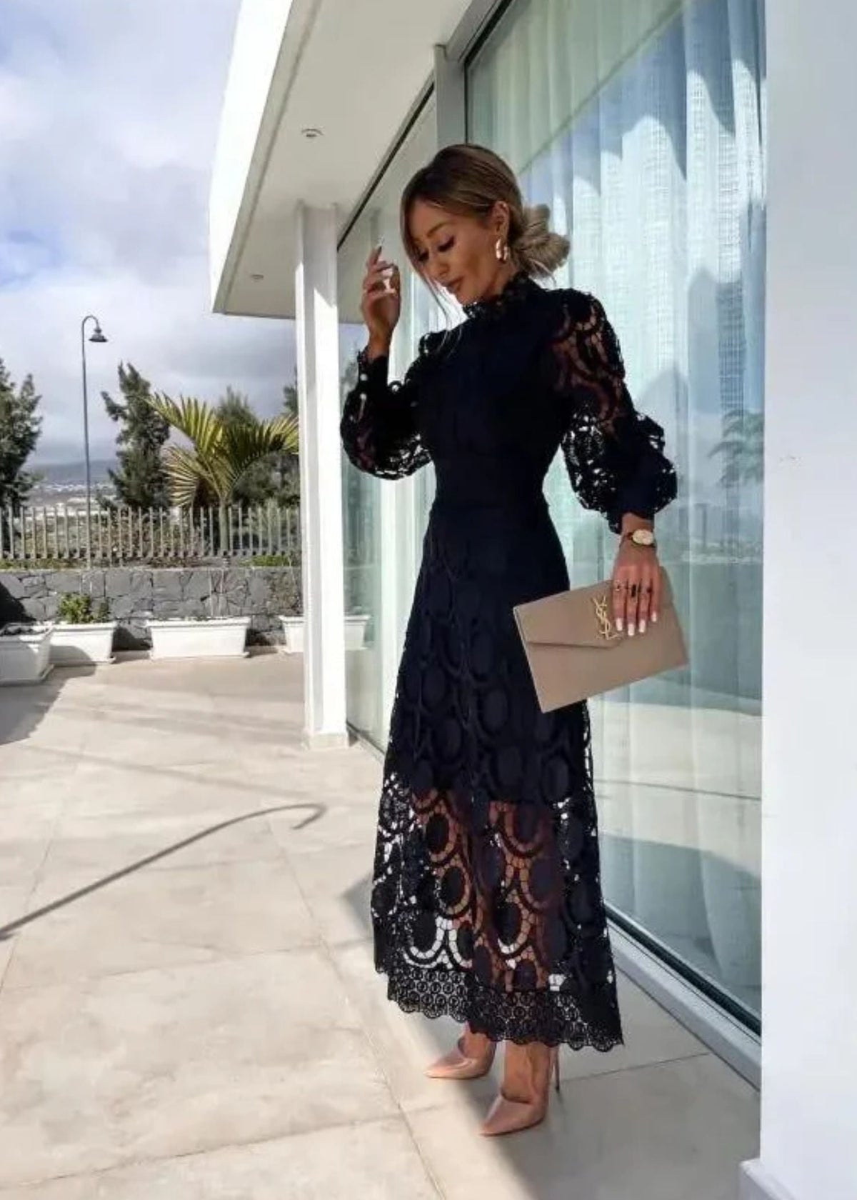 Women's Long Sleeve Wedding Guest Dress | Midi Lace High Neck Puff Sleeve