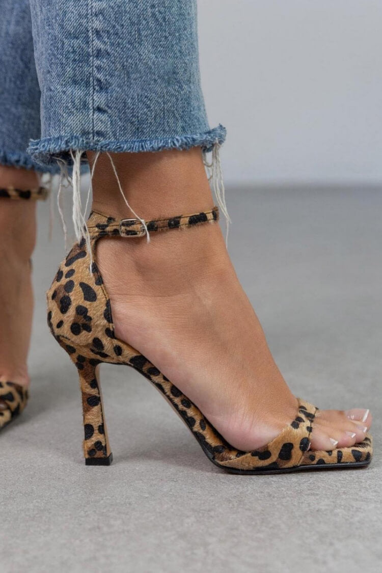 Women's High Heels | Square Toe Ankle Strap Leopard Print