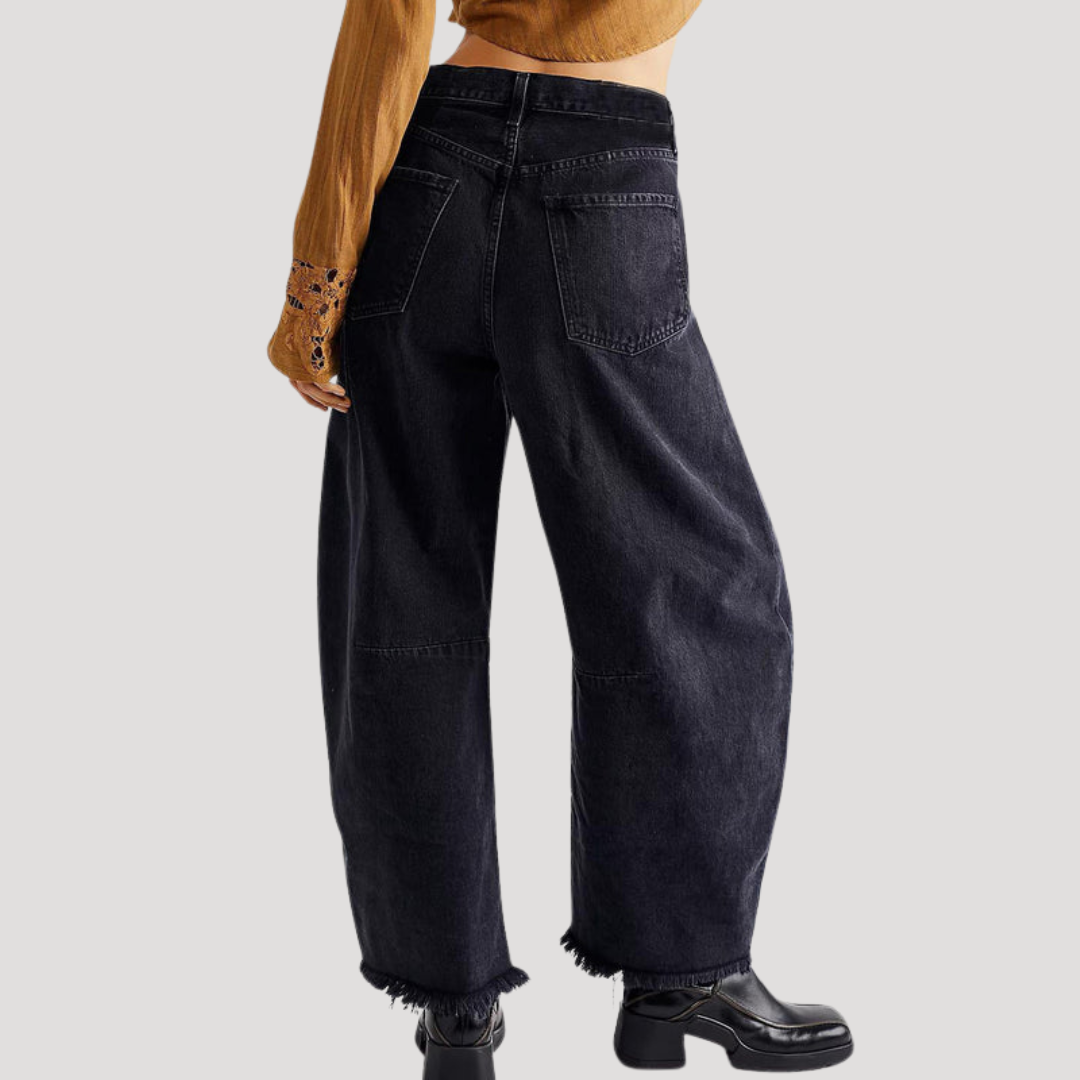Women's Barrel Jeans | High Waist Cropped Raw Hem Wide Leg Denim