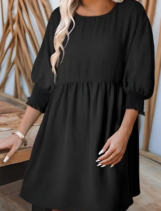 Women's Babydoll Dress | Midi Crew Neckline Smocked Cuff