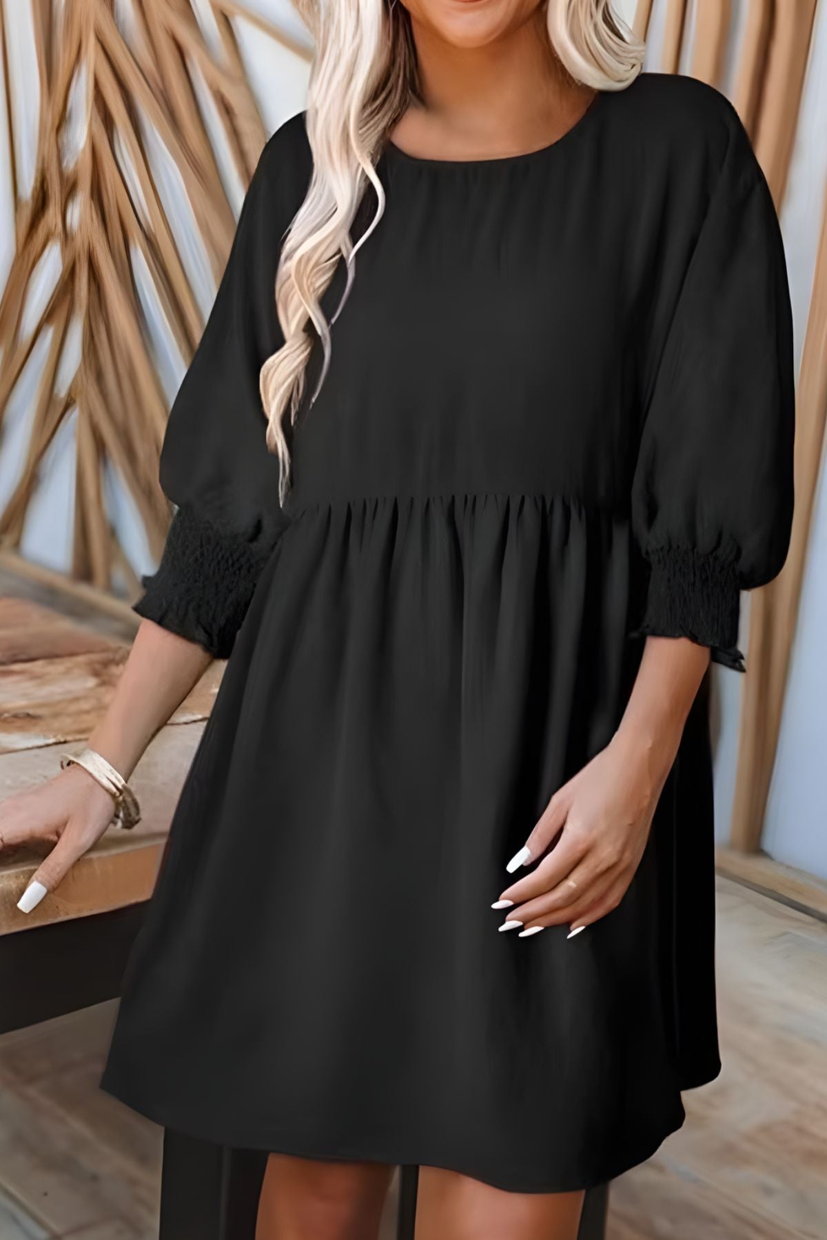 Women's Babydoll Dress | Midi Crew Neckline Smocked Cuff