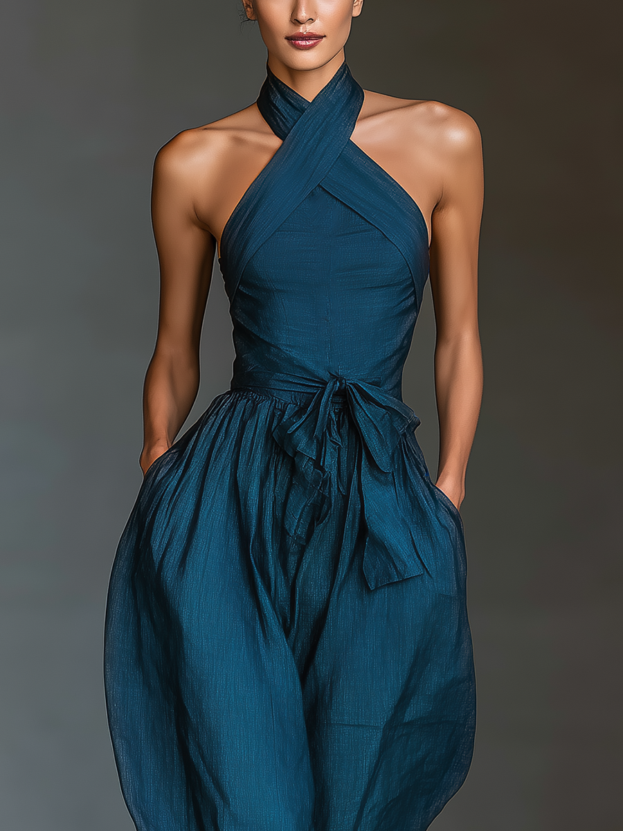 Women's Playsuit | Cross Halter Neckline Sleeveless Wide Leg