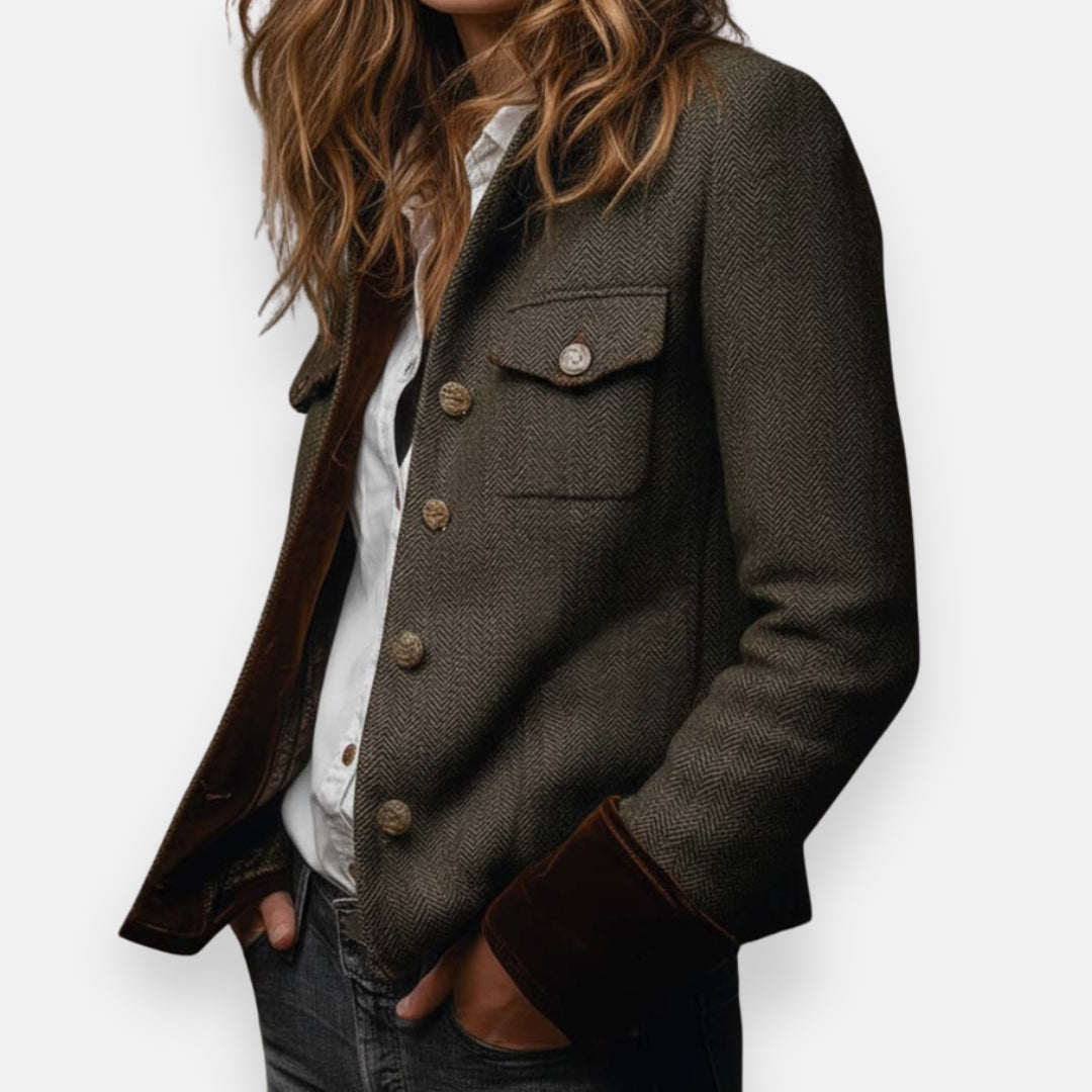 Women's Leather Jacket | Herringbone Tweed Button Closure Tailored