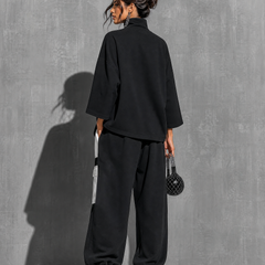 Women's Two Piece Pants Set | Turtleneck Three-Quarter Sleeve Knit Cargo Pockets
