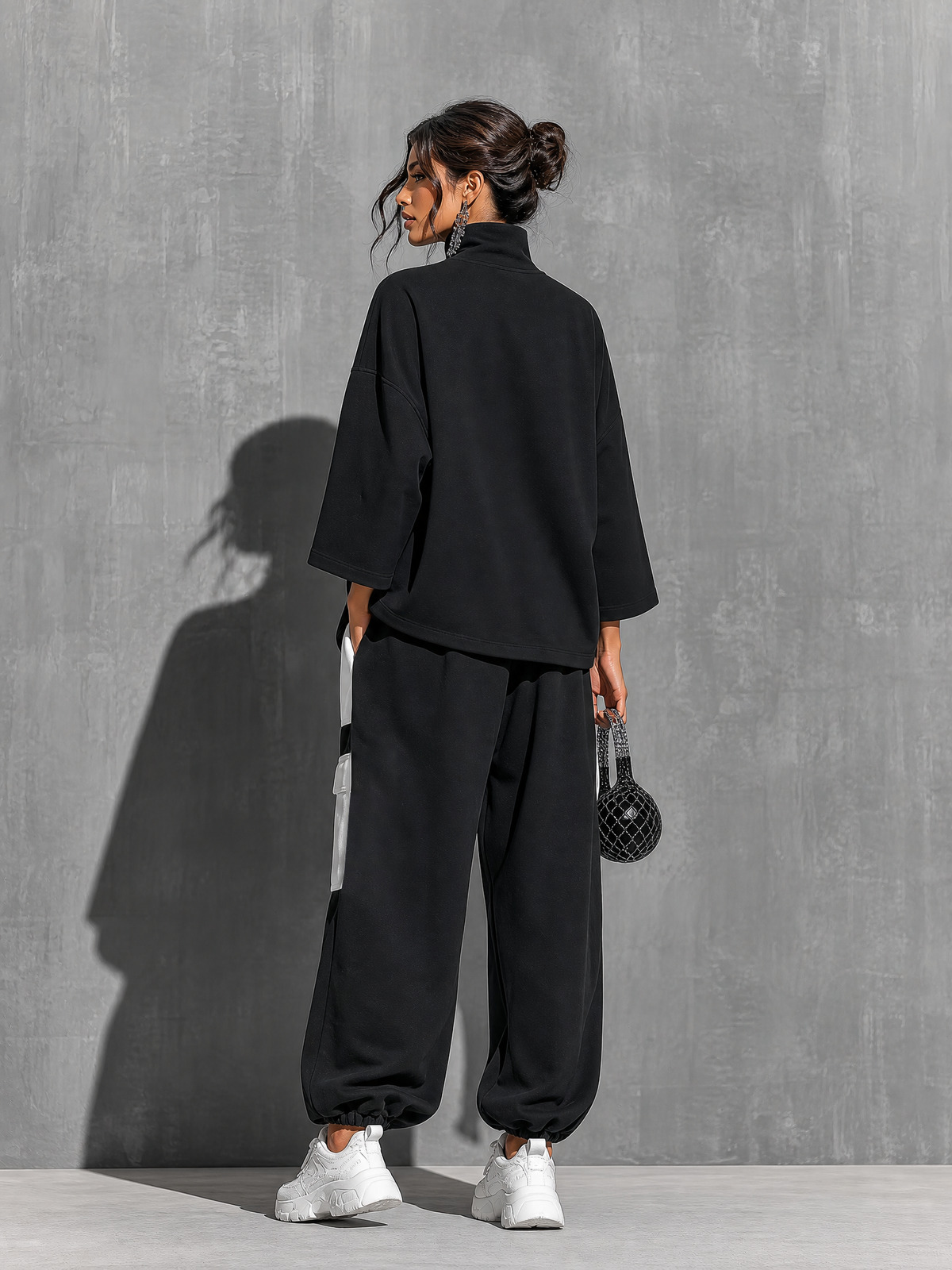 Women's Two Piece Pants Set | Turtleneck Three-Quarter Sleeve Knit Cargo Pockets