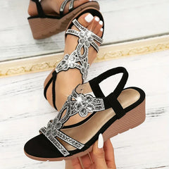 Women's Wedge | Open Toe Slingback Rhinestone Embellished