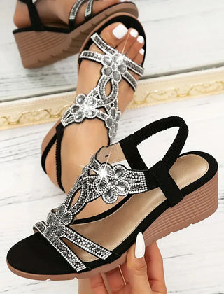 Women's Wedge | Open Toe Slingback Rhinestone Embellished