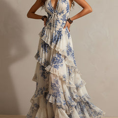 Women's Halterneck Dress | Maxi Ruffled Floral Tie Closure