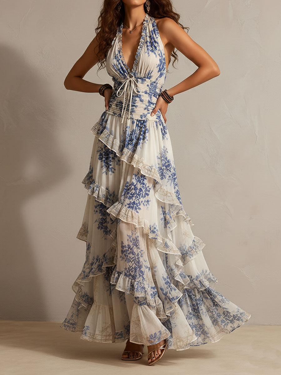 Women's Halterneck Dress | Maxi Ruffled Floral Tie Closure