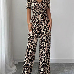 Women's Jumpsuit | Wrap Neckline Wide Leg Leopard Print