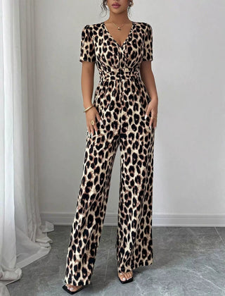 Women's Jumpsuit | Wrap Neckline Wide Leg Leopard Print