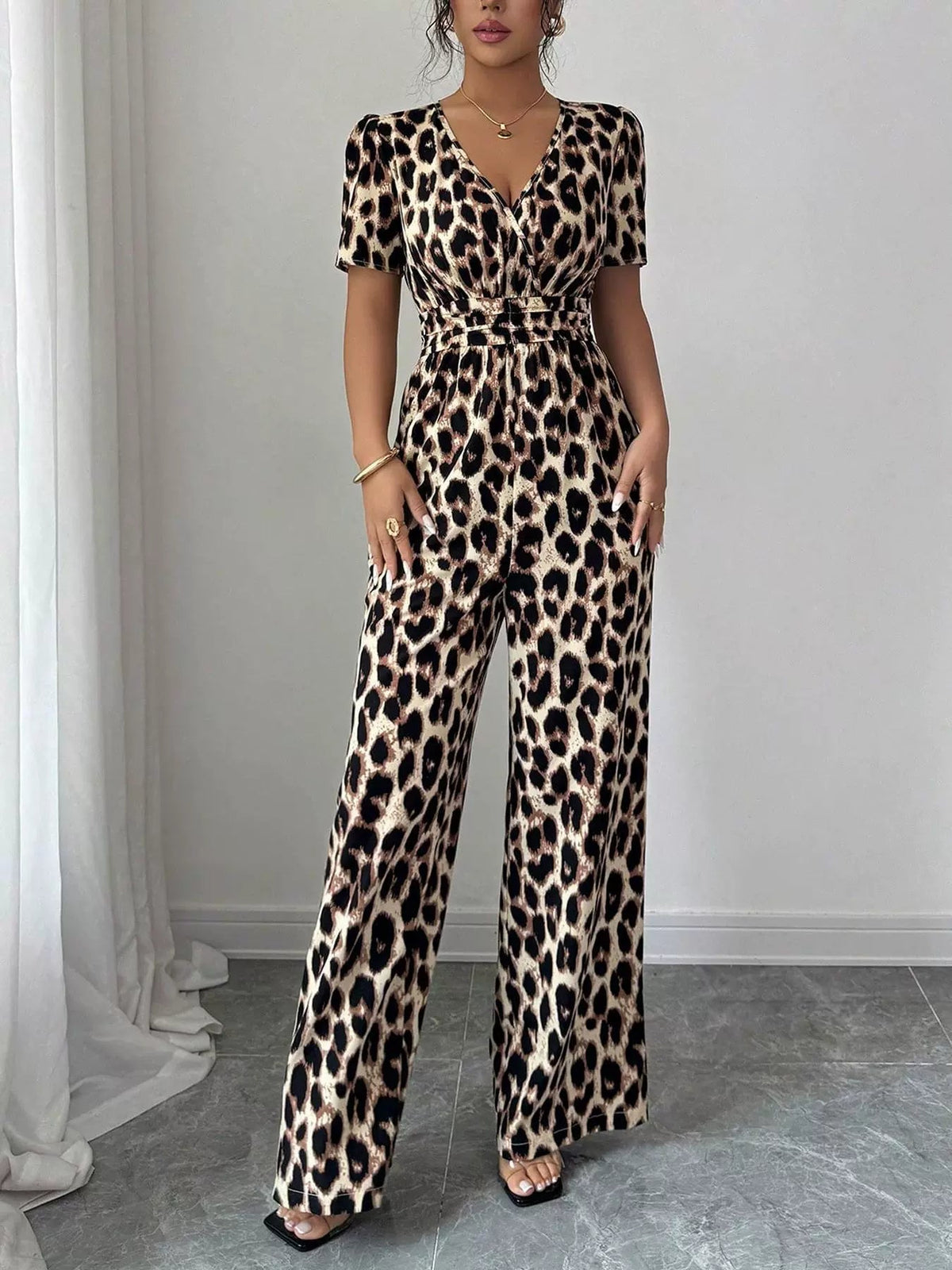 Women's Jumpsuit | Wrap Neckline Wide Leg Leopard Print