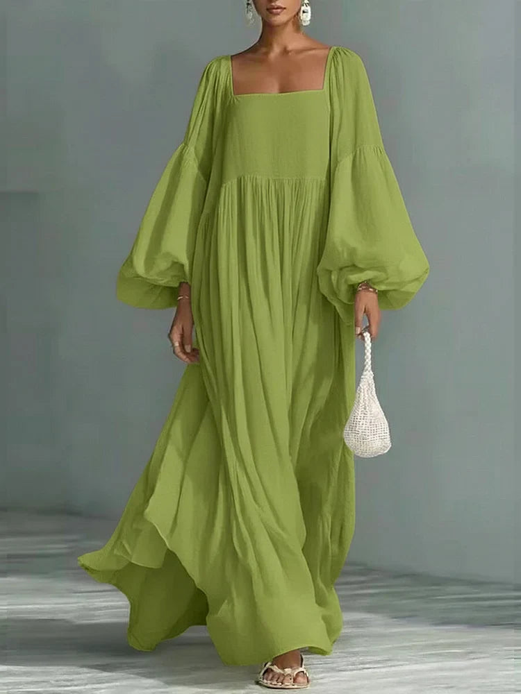 Women's Flowy Maxi Dress | Square Neckline Puff Sleeve Maxi