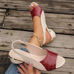 Women's Leather Sandals | Open Toe Slingback Block Heel Metallic Accent