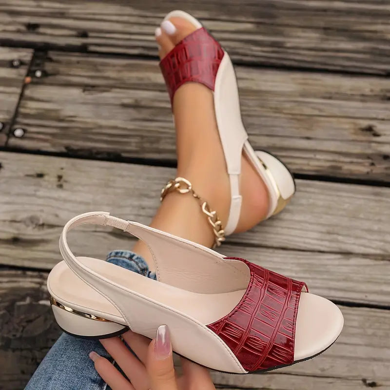 Women's Leather Sandals | Open Toe Slingback Block Heel Crocodile