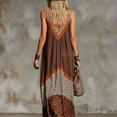 Women's Flowy Maxi Dress | V-Neck Sleeveless Mixed Print