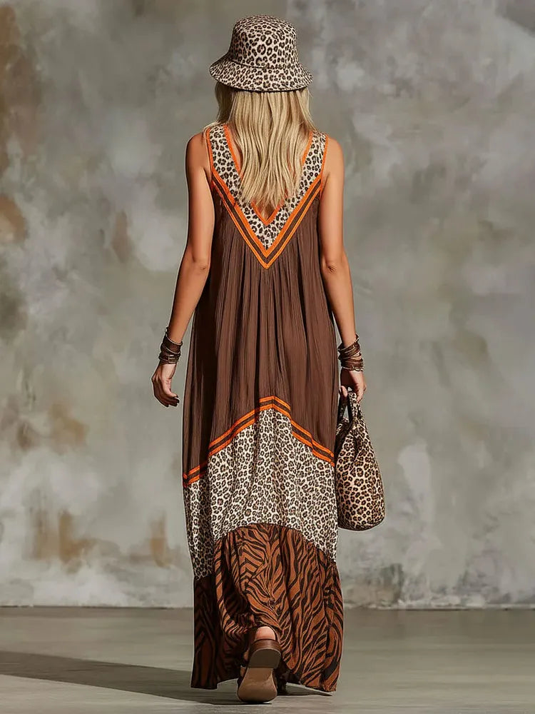Women's Flowy Maxi Dress | V-Neck Sleeveless Mixed Print