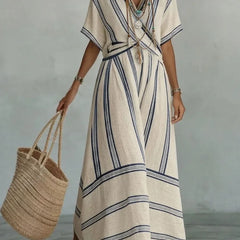 Women's Short Sleeve Dress | V-Neck Striped Linen Maxi