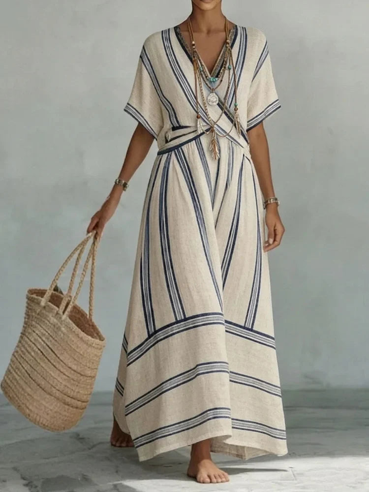 Women's Short Sleeve Dress | V-Neck Striped Linen Maxi