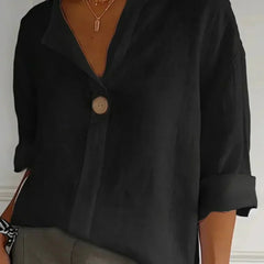 Women's Linen Top | V-Neck Button Closure Three-Quarter Sleeve